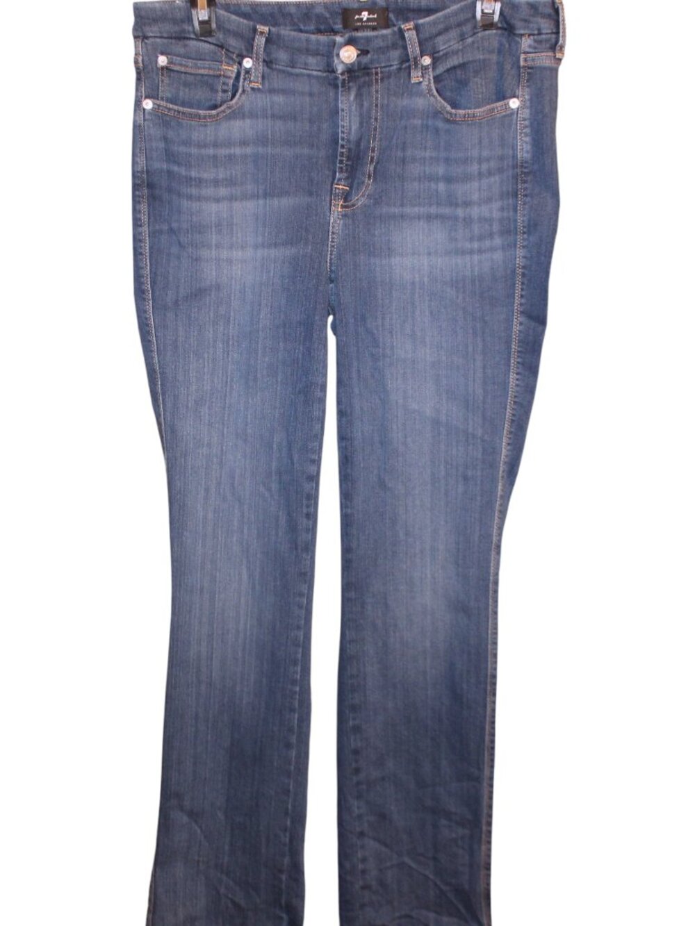 7 For All Mankind Kimmie Straight Leg Jeans 32 Blue Mid Rise Raw Edge Hem Stretc